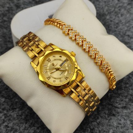 POEDAGAR Exclusive (Day & Date Display) Golden Watch & Luxury Heart Bracelet Combo – Giftory BP-1