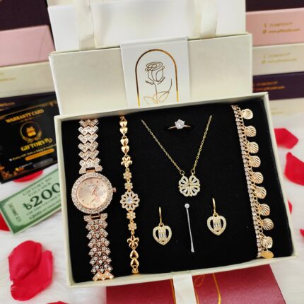Premium Rose Gold (L-4) Ladies Watch & Jewelry Complete Gift Set (8-in-1 Box)